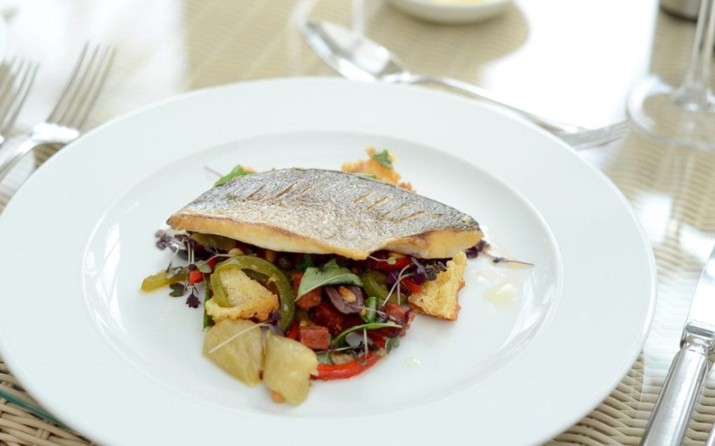 Roasted Fillet of Sea Bream with Peppenatta Salad, Chorizo and Olive